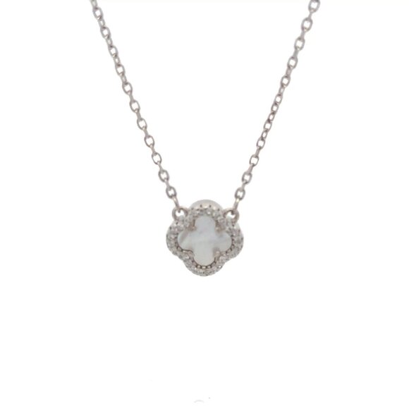 Unbranded Jewelry - 925 Sterling Silver Necklace 17 inches Chain White Mother of Pearl Cubic Zirconi